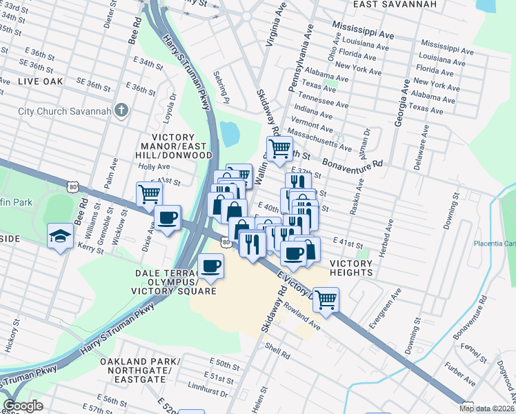 map of restaurants, bars, coffee shops, grocery stores, and more near 2008 East 41st Street in Savannah