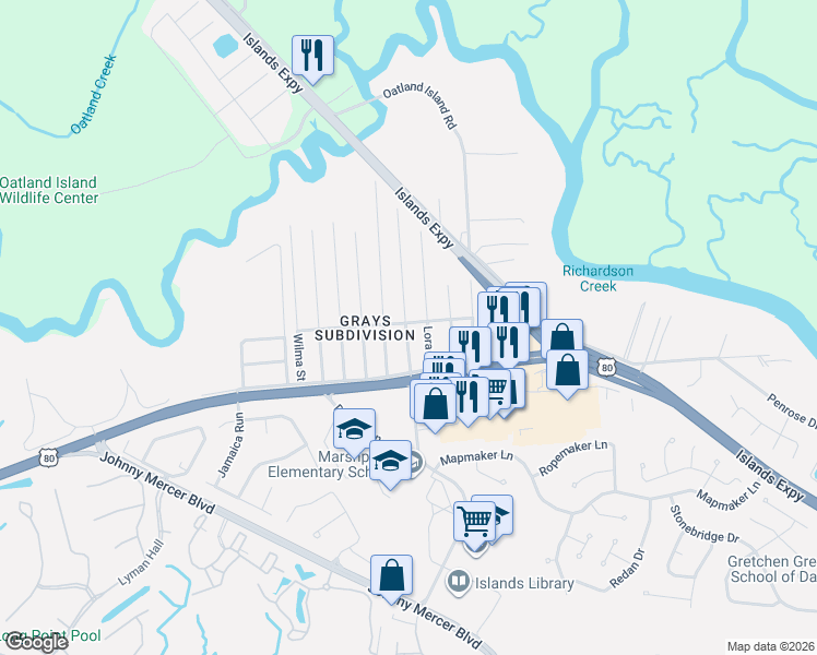 map of restaurants, bars, coffee shops, grocery stores, and more near 1103 Debbie Street in Savannah