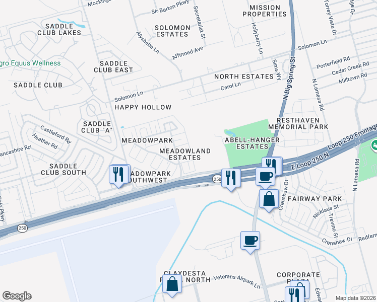 map of restaurants, bars, coffee shops, grocery stores, and more near 400 Spring Meadow Court in Midland