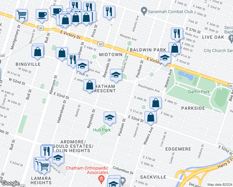 map of restaurants, bars, coffee shops, grocery stores, and more near 504 East 50th Street in Savannah