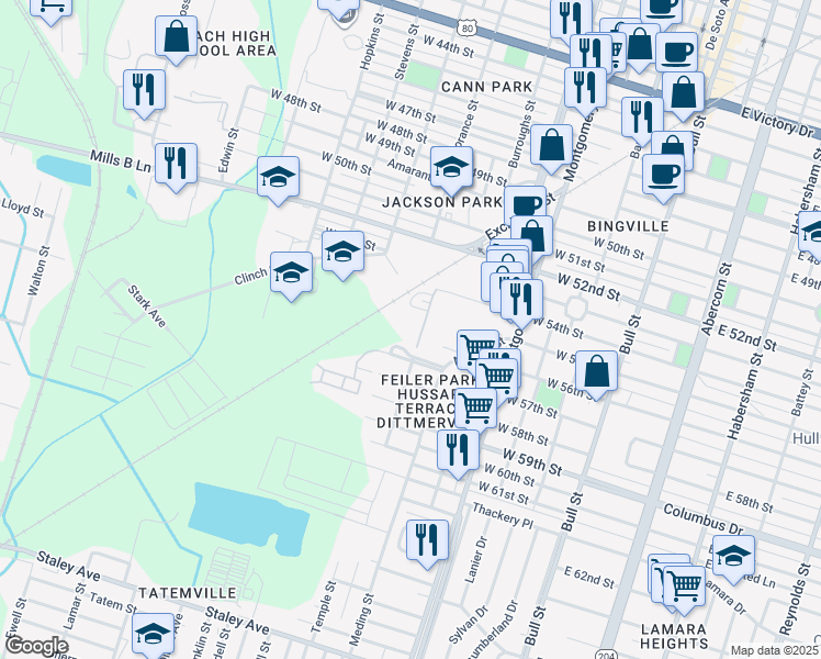 map of restaurants, bars, coffee shops, grocery stores, and more near 706 West 57th Street in Savannah
