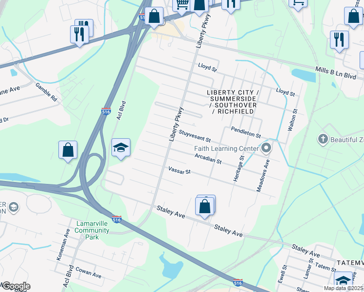 map of restaurants, bars, coffee shops, grocery stores, and more near 1831 Arcadian Street in Savannah