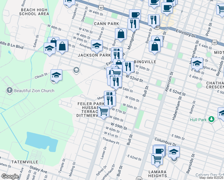 map of restaurants, bars, coffee shops, grocery stores, and more near 3811 Montgomery Street in Savannah
