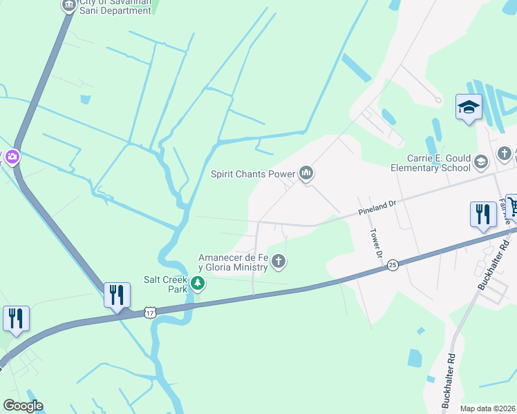 map of restaurants, bars, coffee shops, grocery stores, and more near 101 Salt Creek Road in Savannah