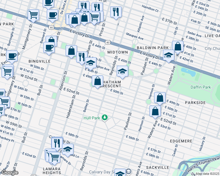 map of restaurants, bars, coffee shops, grocery stores, and more near 423 East 50th Street in Savannah