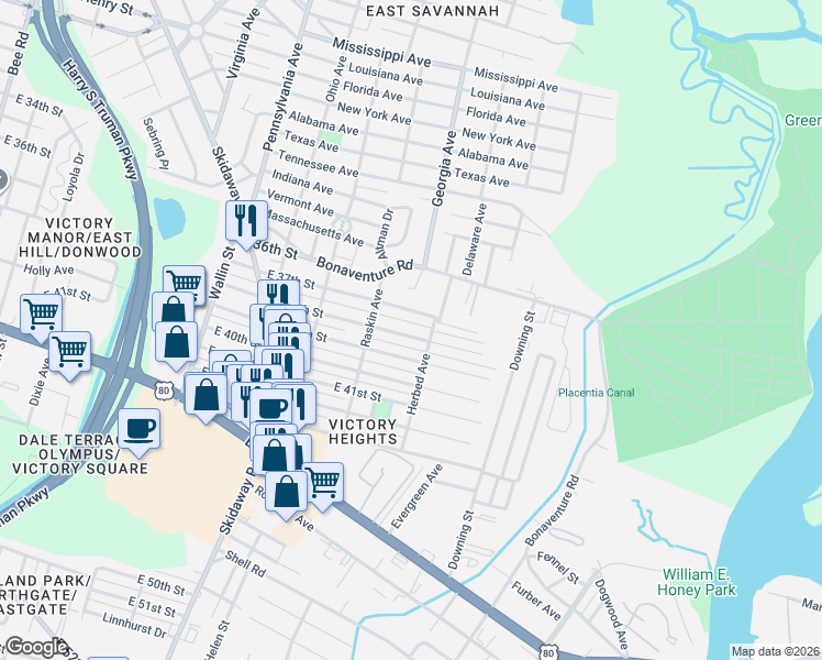 map of restaurants, bars, coffee shops, grocery stores, and more near 2320 East 39th Street in Savannah