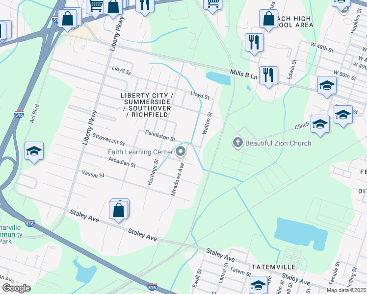 map of restaurants, bars, coffee shops, grocery stores, and more near 4407 Meadows Avenue in Savannah