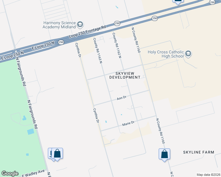 map of restaurants, bars, coffee shops, grocery stores, and more near 3900-3906 County Road 1163 North in Midland