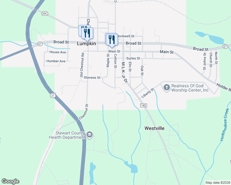 map of restaurants, bars, coffee shops, grocery stores, and more near Alabama Street in Lumpkin