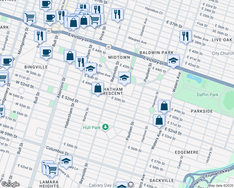 map of restaurants, bars, coffee shops, grocery stores, and more near 408 East 49th Street in Savannah