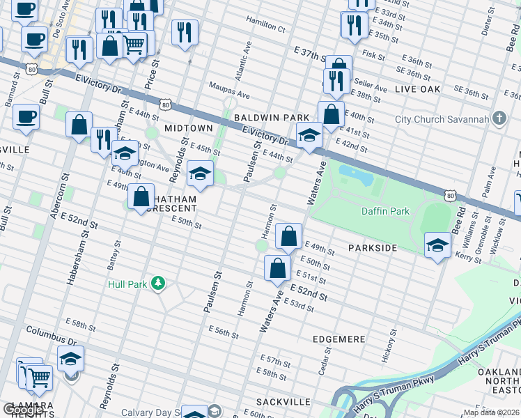 map of restaurants, bars, coffee shops, grocery stores, and more near 605 Washington Avenue in Savannah