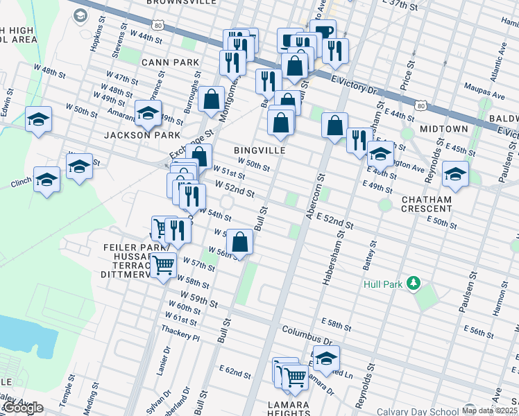map of restaurants, bars, coffee shops, grocery stores, and more near 4 West 52nd Street in Savannah