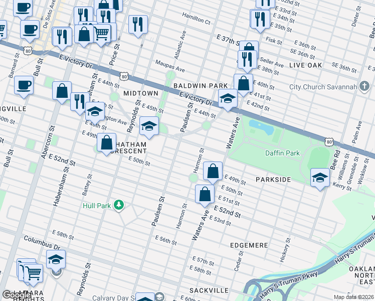 map of restaurants, bars, coffee shops, grocery stores, and more near 605 Washington Avenue in Savannah