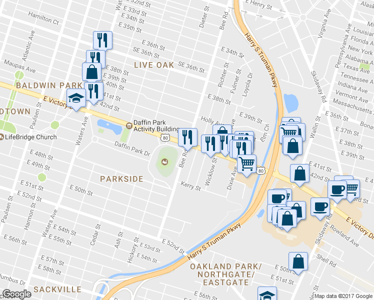 map of restaurants, bars, coffee shops, grocery stores, and more near 2804 Bee Rd in Savannah