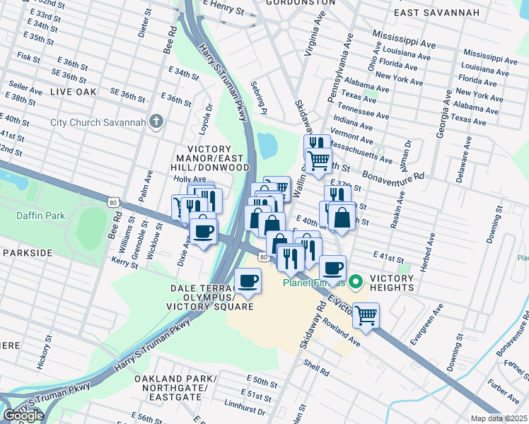 map of restaurants, bars, coffee shops, grocery stores, and more near 1900 East Victory Drive in Savannah