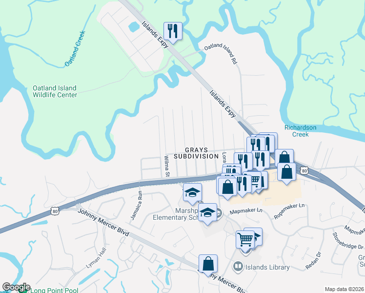 map of restaurants, bars, coffee shops, grocery stores, and more near 1012 Tara Street in Savannah