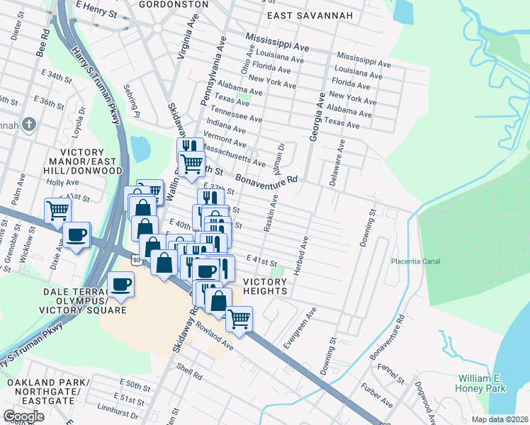 map of restaurants, bars, coffee shops, grocery stores, and more near 2223 East 37th Street in Savannah