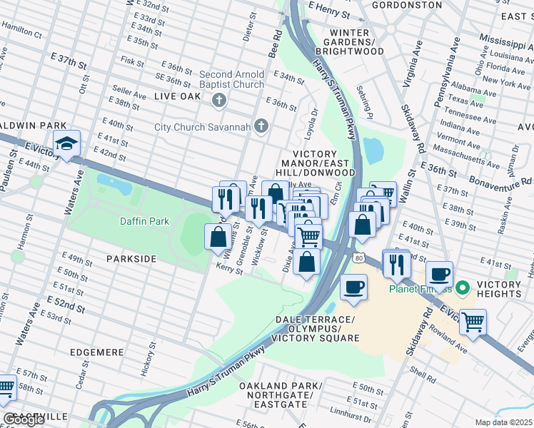 map of restaurants, bars, coffee shops, grocery stores, and more near 2 Oleander Avenue in Savannah