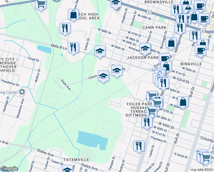 map of restaurants, bars, coffee shops, grocery stores, and more near 1009 Clinch Street in Savannah