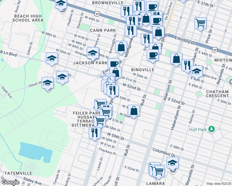map of restaurants, bars, coffee shops, grocery stores, and more near in Savannah
