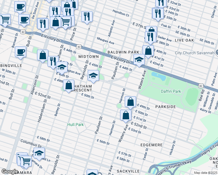 map of restaurants, bars, coffee shops, grocery stores, and more near 605 Washington Avenue in Savannah