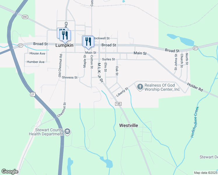 map of restaurants, bars, coffee shops, grocery stores, and more near 51 Woodall Street in Lumpkin