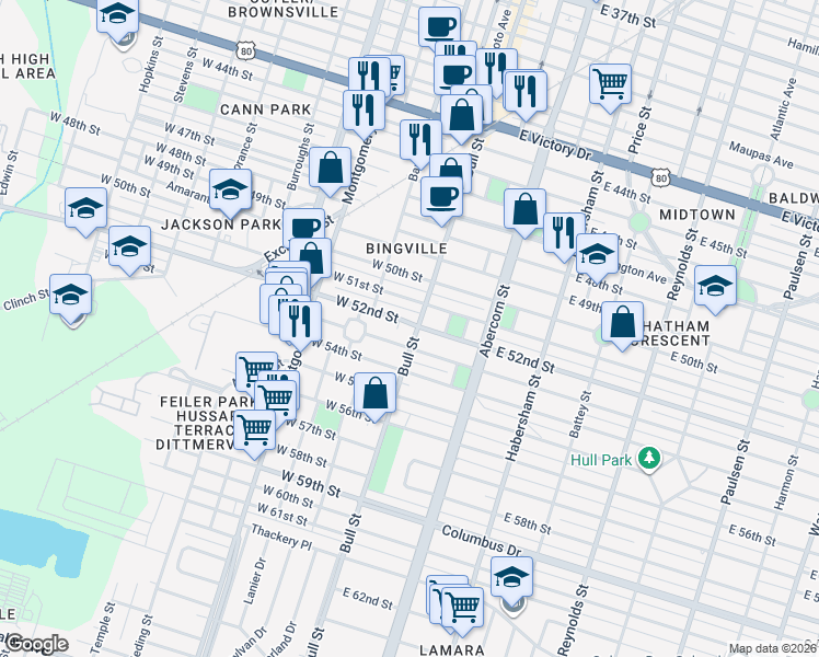 map of restaurants, bars, coffee shops, grocery stores, and more near 3601 Bull Street in Savannah