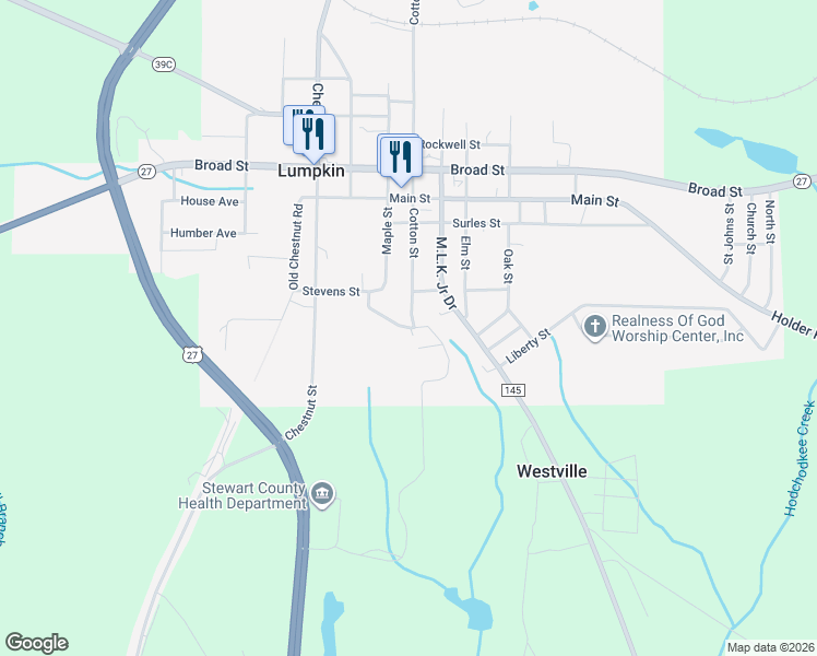 map of restaurants, bars, coffee shops, grocery stores, and more near Alabama Street in Lumpkin