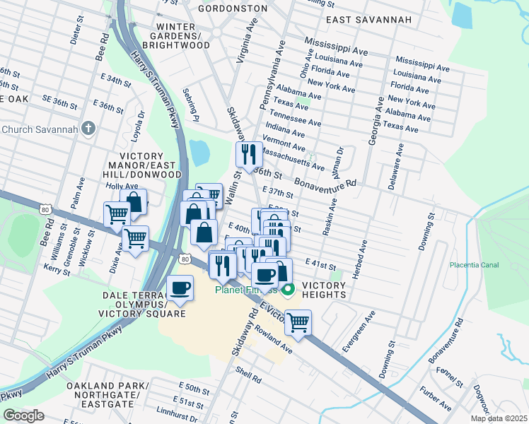 map of restaurants, bars, coffee shops, grocery stores, and more near 2033 Skidaway Road in Savannah
