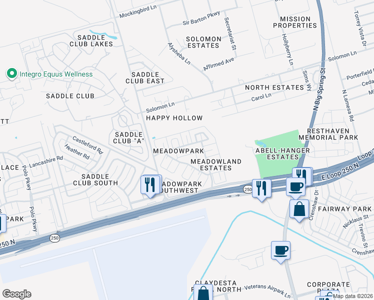 map of restaurants, bars, coffee shops, grocery stores, and more near 603 Meadowpark Drive in Midland