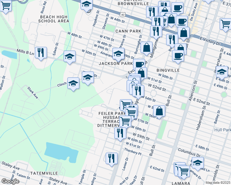 map of restaurants, bars, coffee shops, grocery stores, and more near 595 West 54th Street in Savannah