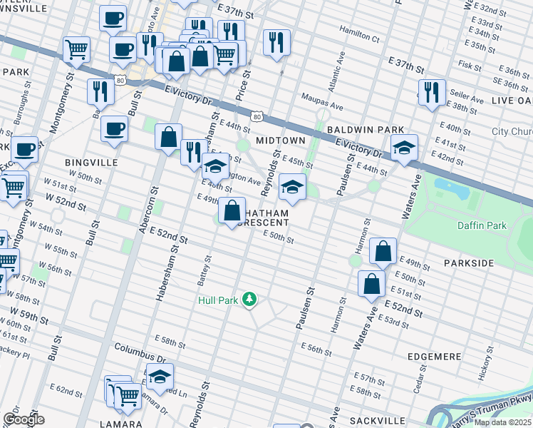 map of restaurants, bars, coffee shops, grocery stores, and more near 408 E 49th St in Savannah