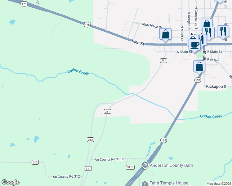 map of restaurants, bars, coffee shops, grocery stores, and more near 110 County Road 313 in Frankston
