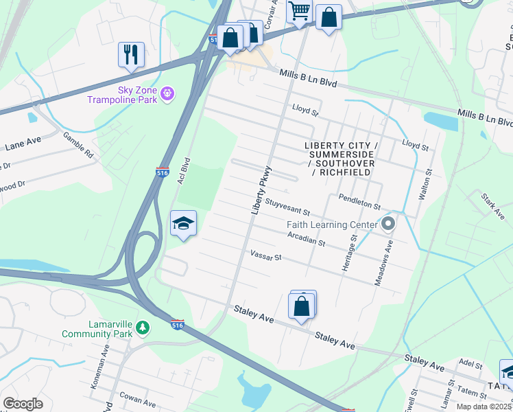 map of restaurants, bars, coffee shops, grocery stores, and more near Liberty Parkway in Savannah