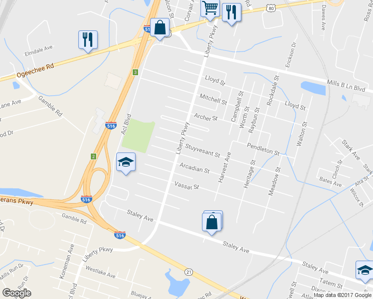 map of restaurants, bars, coffee shops, grocery stores, and more near 1831 Stuyvesant Street in Savannah