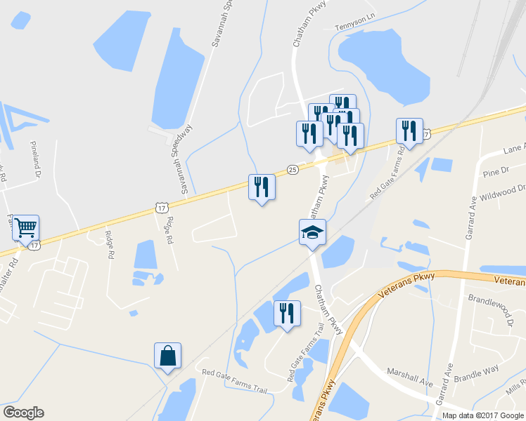 map of restaurants, bars, coffee shops, grocery stores, and more near 4395 Ogeechee Road in Savannah