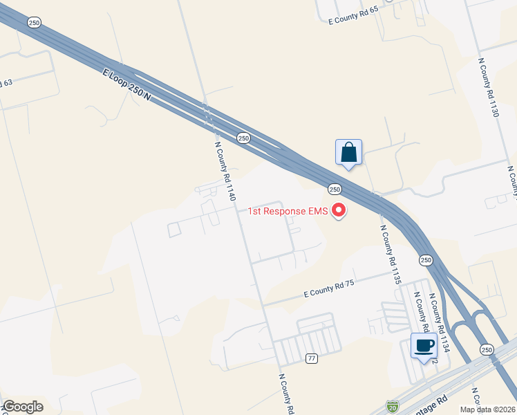 map of restaurants, bars, coffee shops, grocery stores, and more near 5101 East County Road 71 in Midland