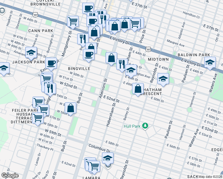 map of restaurants, bars, coffee shops, grocery stores, and more near 3410 Abercorn Street in Savannah