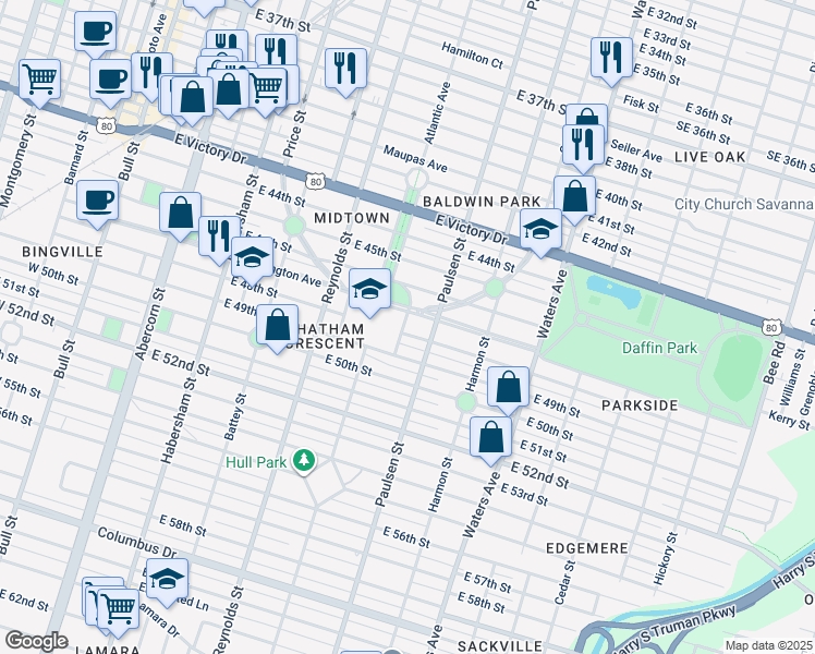 map of restaurants, bars, coffee shops, grocery stores, and more near 502 East 48th Street in Savannah