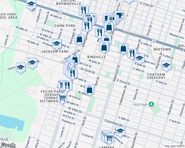 map of restaurants, bars, coffee shops, grocery stores, and more near 37 West 52nd Street in Savannah
