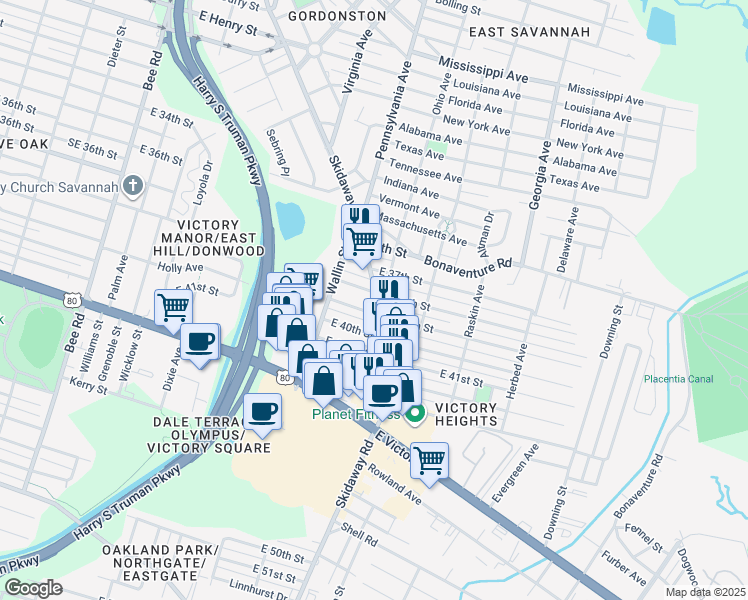 map of restaurants, bars, coffee shops, grocery stores, and more near 2033 Skidaway Road in Savannah