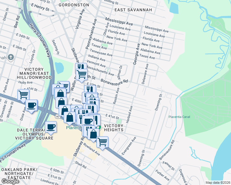 map of restaurants, bars, coffee shops, grocery stores, and more near 2223 East 37th Street in Savannah