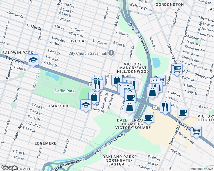 map of restaurants, bars, coffee shops, grocery stores, and more near 2 Palm Avenue in Savannah