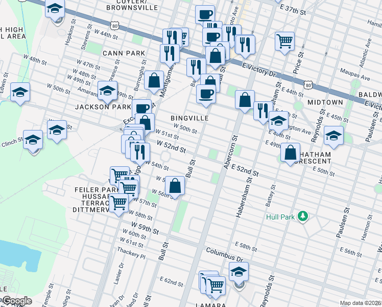 map of restaurants, bars, coffee shops, grocery stores, and more near 3601 Bull Street in Savannah