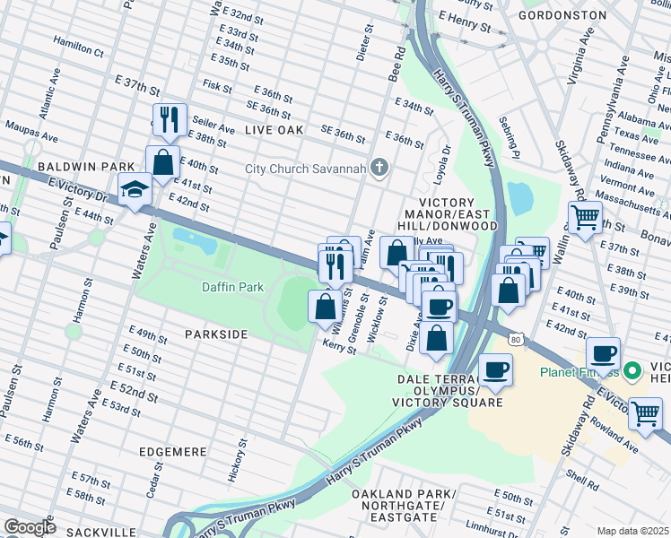 map of restaurants, bars, coffee shops, grocery stores, and more near 1500 East Victory Drive in Savannah