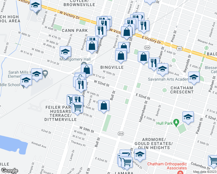 map of restaurants, bars, coffee shops, grocery stores, and more near 3 West 52nd Street in Savannah