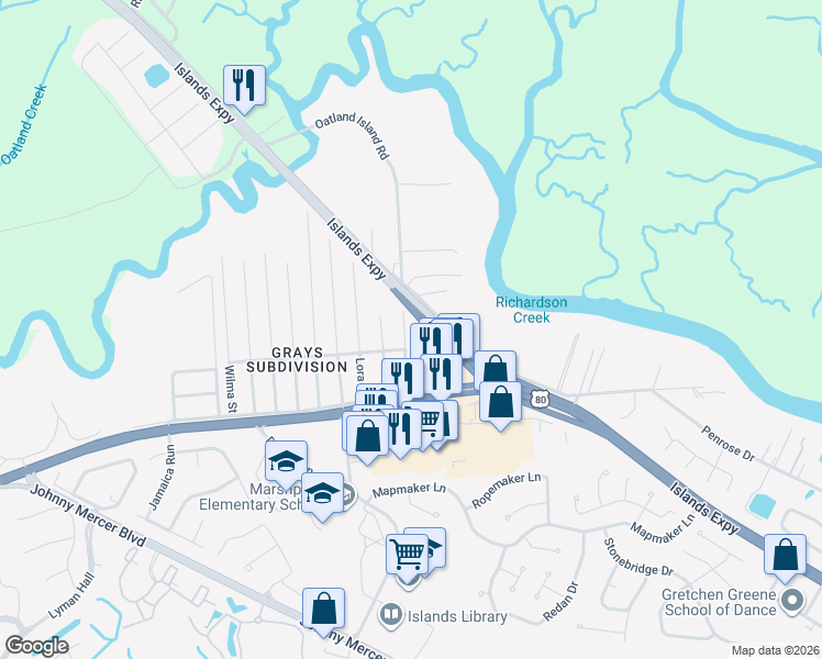 map of restaurants, bars, coffee shops, grocery stores, and more near 1008 Old Oatland Island Road in Savannah