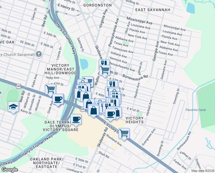 map of restaurants, bars, coffee shops, grocery stores, and more near 2033 Skidaway Road in Savannah
