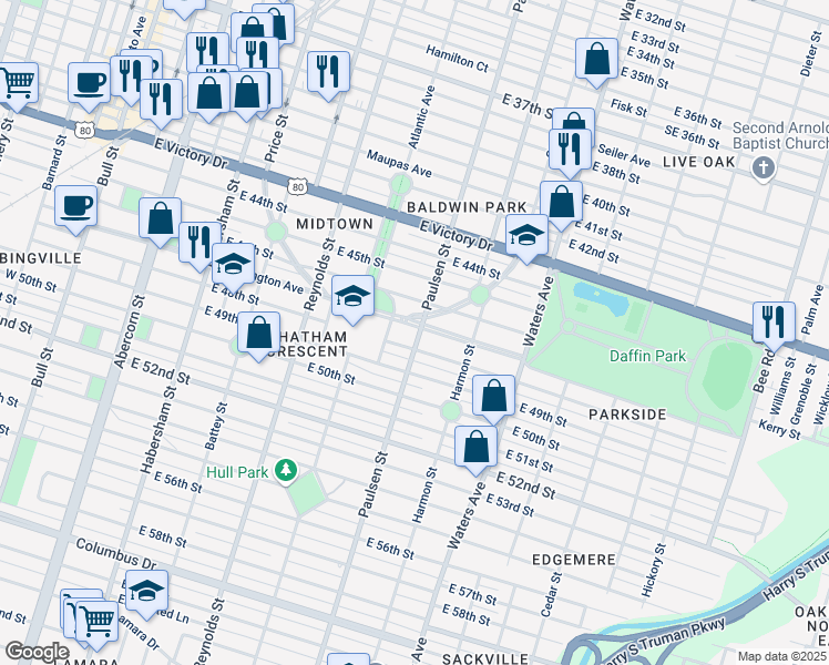 map of restaurants, bars, coffee shops, grocery stores, and more near 605 Washington Avenue in Savannah