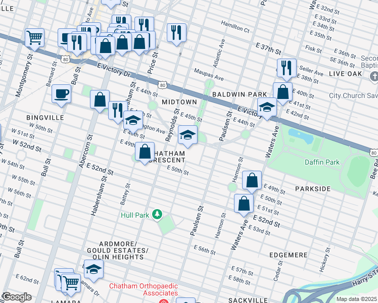 map of restaurants, bars, coffee shops, grocery stores, and more near 500 Washington Avenue in Savannah